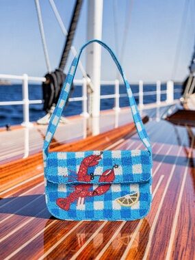 Blue Check Beaded Shoulder Bag with Red Lobster Motif